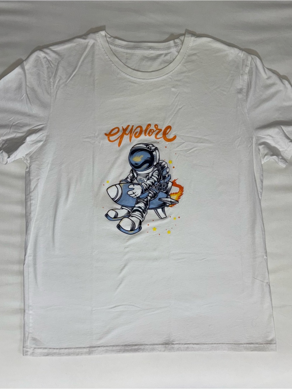 Explore Astronaut Graphic Tee - White with Blue & Orange Design